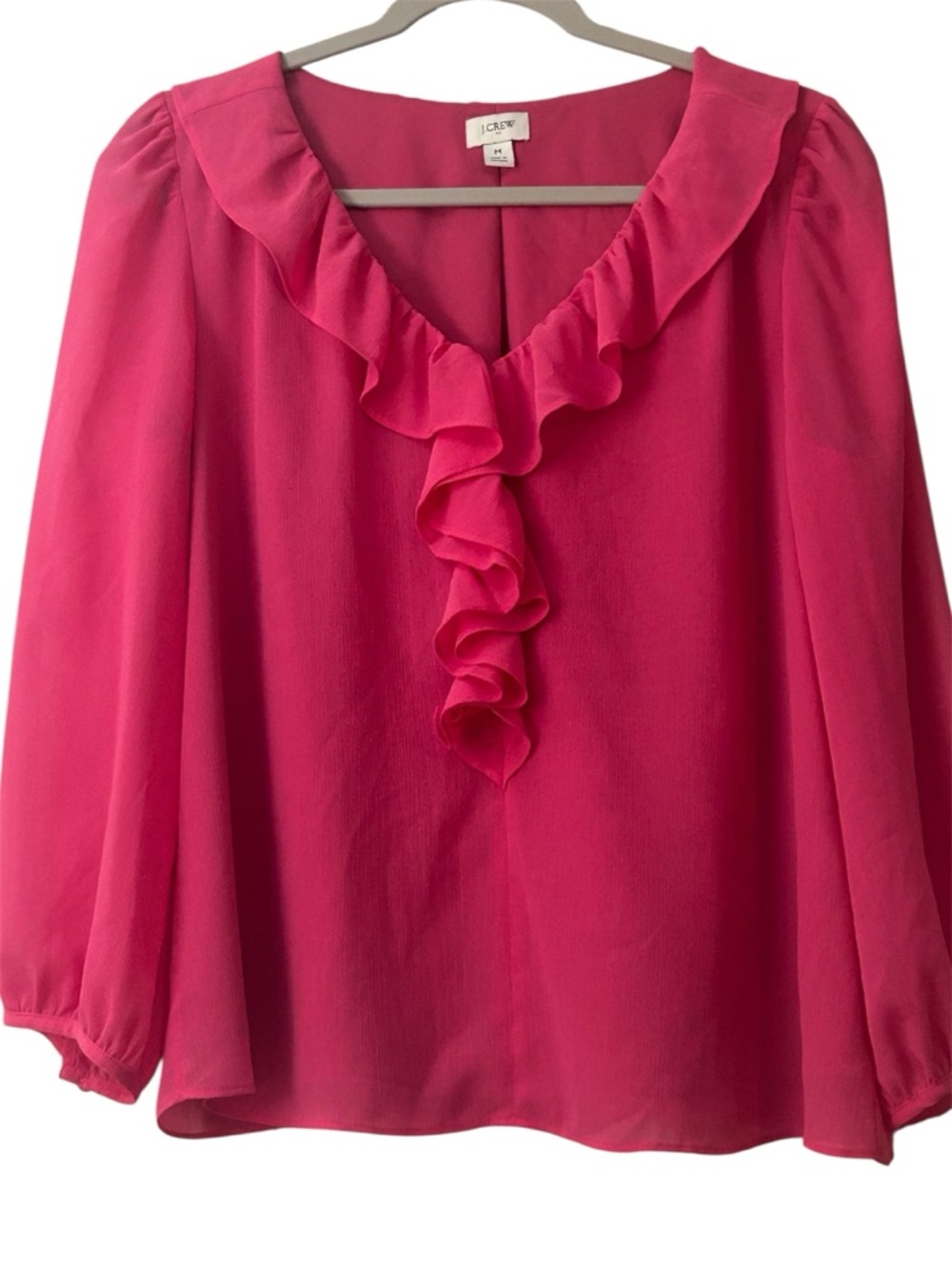 J. Crew Hot Pink Ruffle V-Neck Long Sleeve Blouse